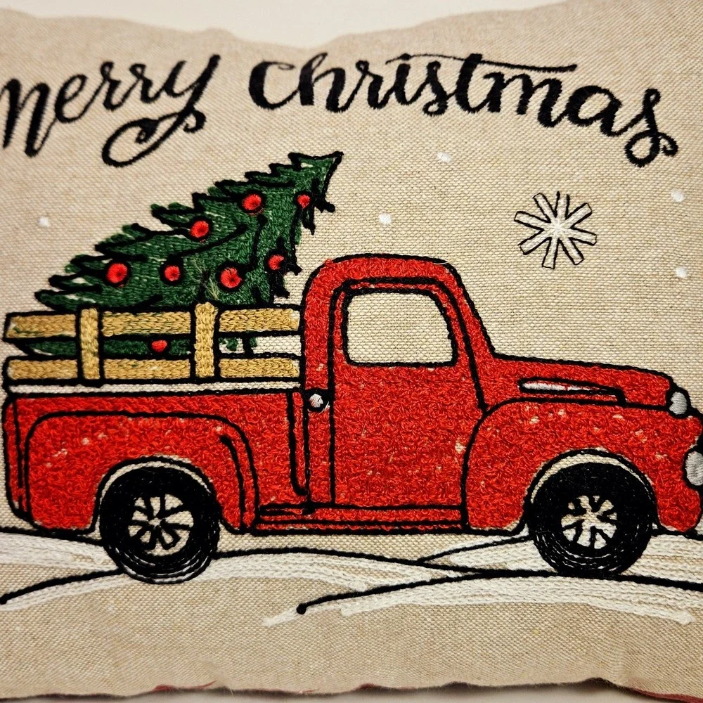 Merry Christmas Decor Throw Pillow Red‎ Truck Tree 18x12 Textured Zipper Closure